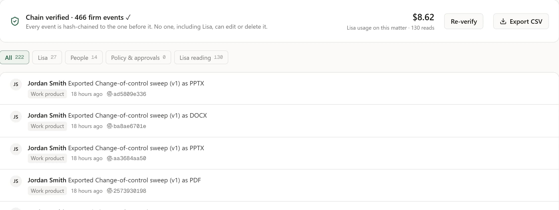 The matter audit trail: chain verified, with each event fingerprinted.