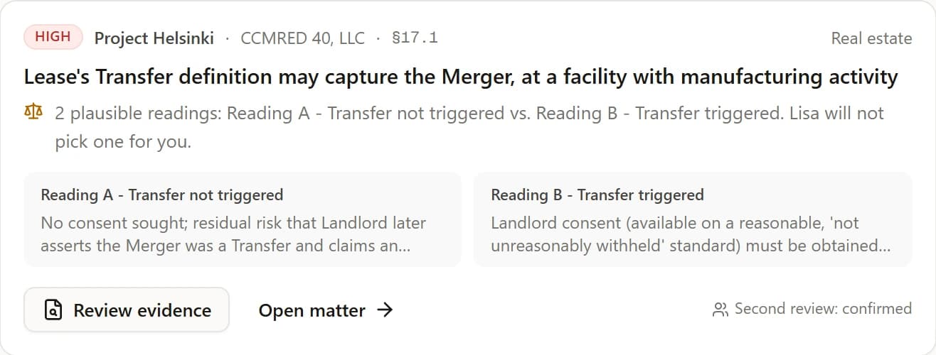 An issue with Reading A and Reading B, marked as a call for the lawyer, with second review confirmed.