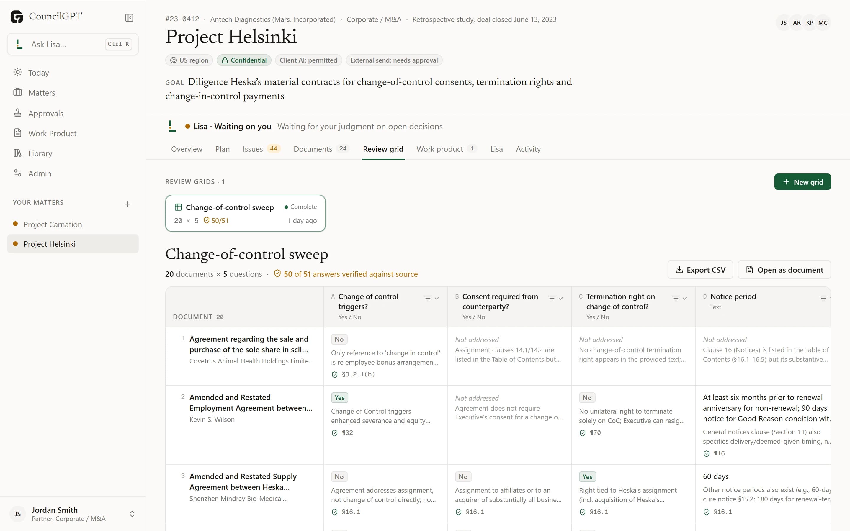 A review grid of 20 documents by 5 questions, with 50 of 51 answers verified against source.