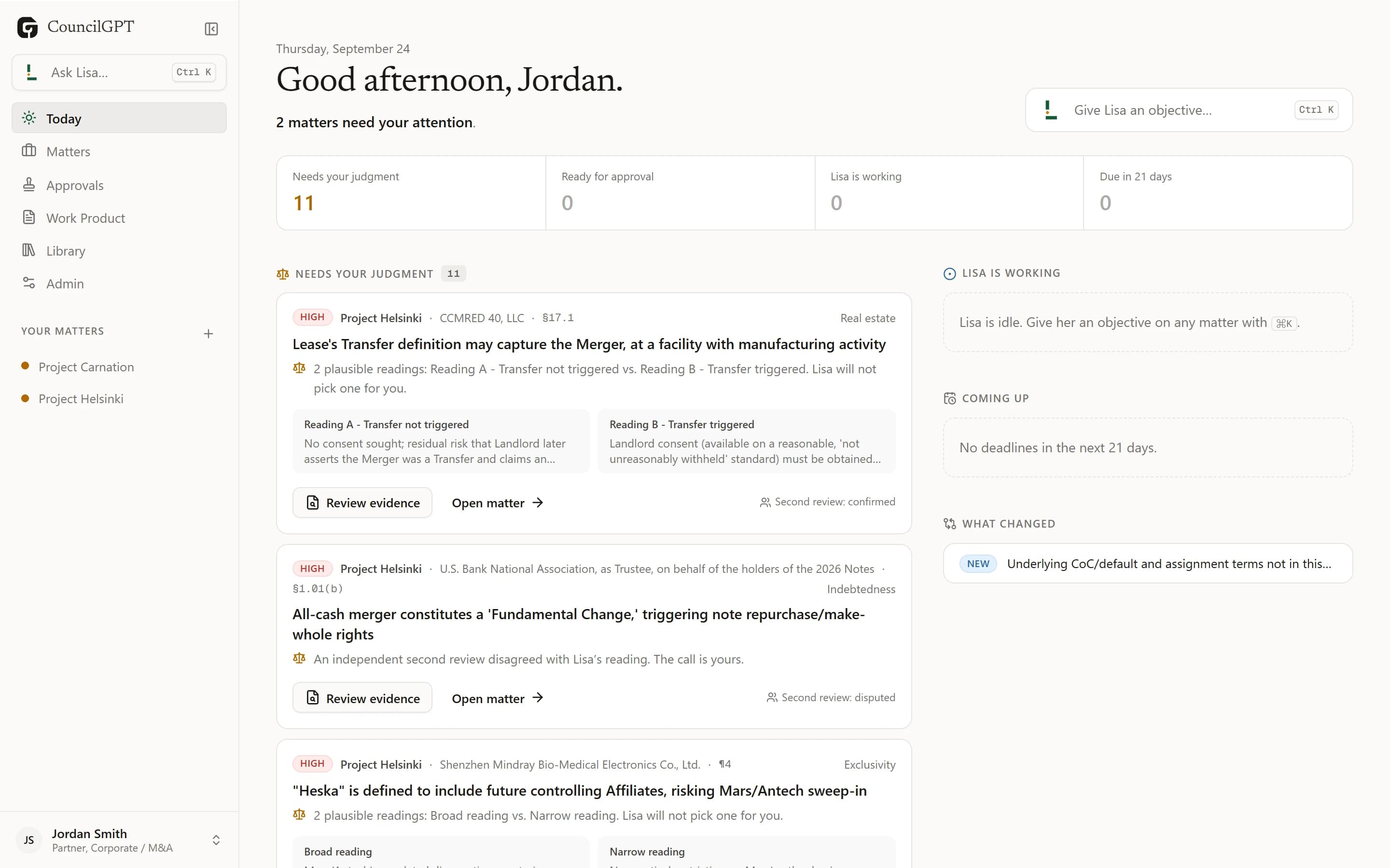 The Today view listing issues that need a lawyer’s judgment, each with two plausible readings.